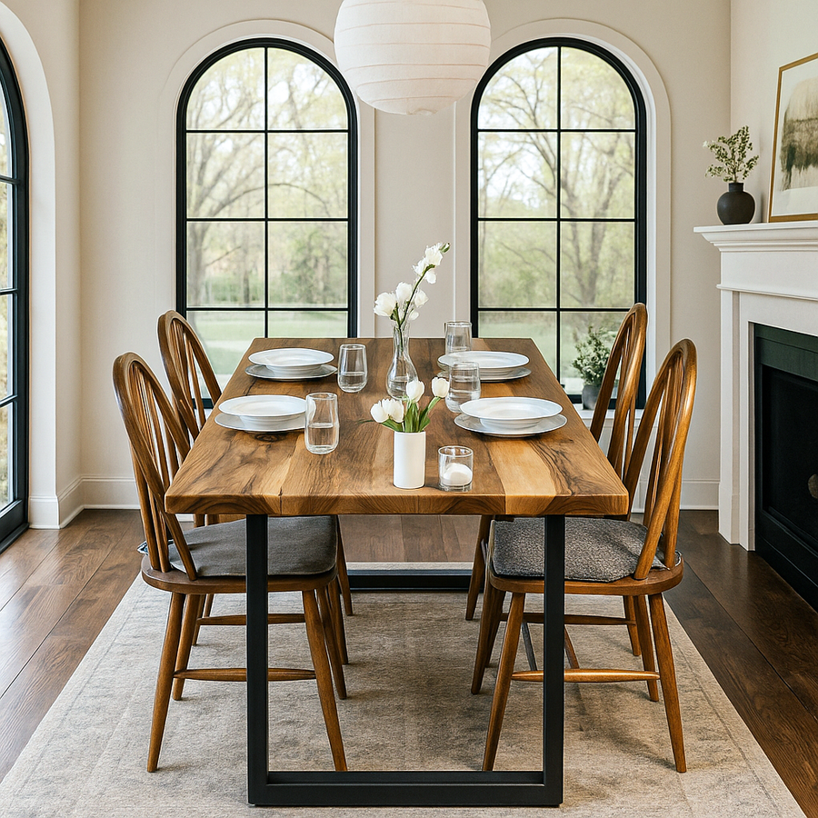 Lathe walnut rectangle farmhouse dining table with black U-shaped legs and Windsor chairs by arched windows