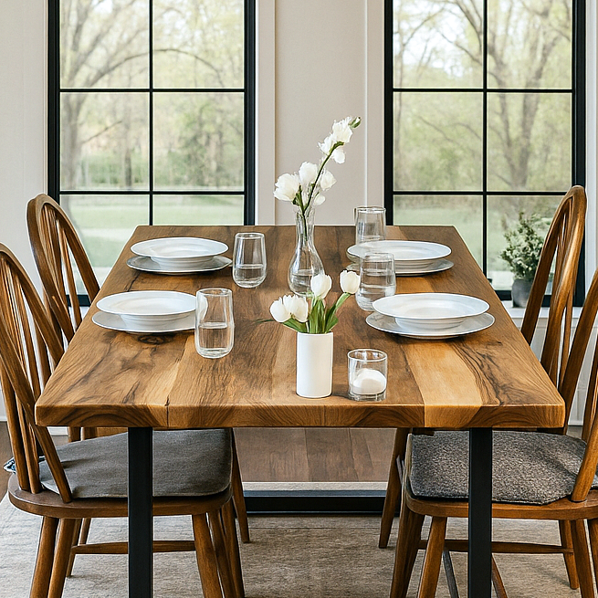 Dining table set with plates, glasses, and flowers in a modern room with large windows.