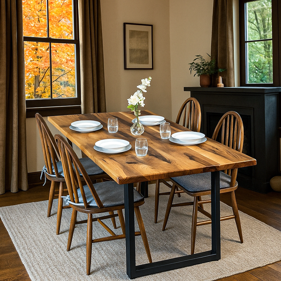 Dining room with wooden table and chairs, autumn leaves visible through window
