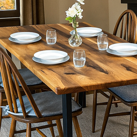 Dining table set with plates, glasses, and a vase of flowers in a home setting.