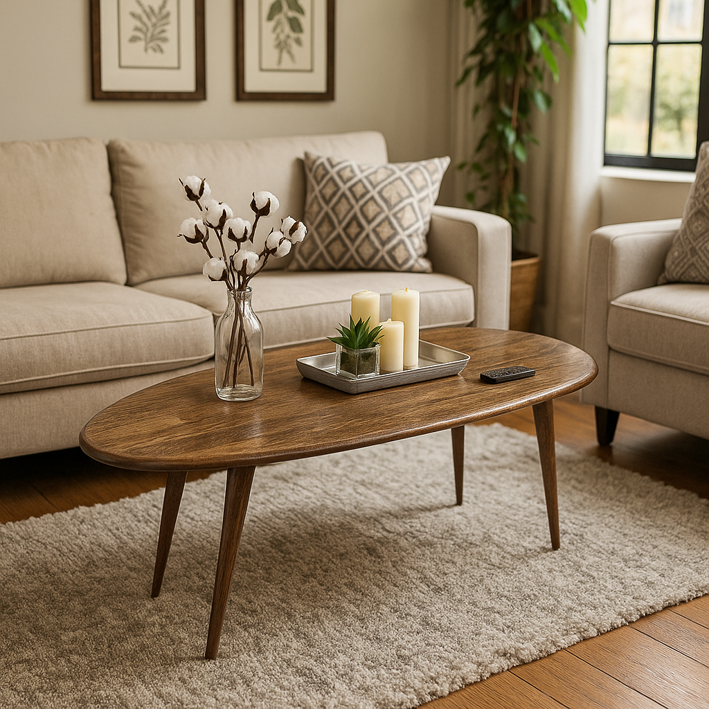 Living room with beige sofa, wooden coffee table, and decorative items.