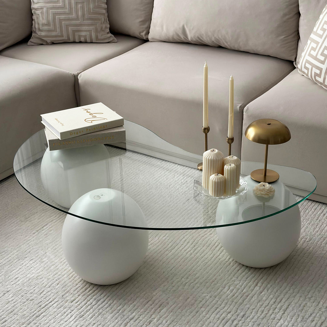 Bean Shaped Glass Top Coffee Table With Wooden Ball Legs - White