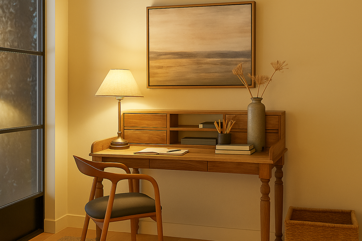 Solid wood writing desk with hutch and drawers and a matching chair in a home office