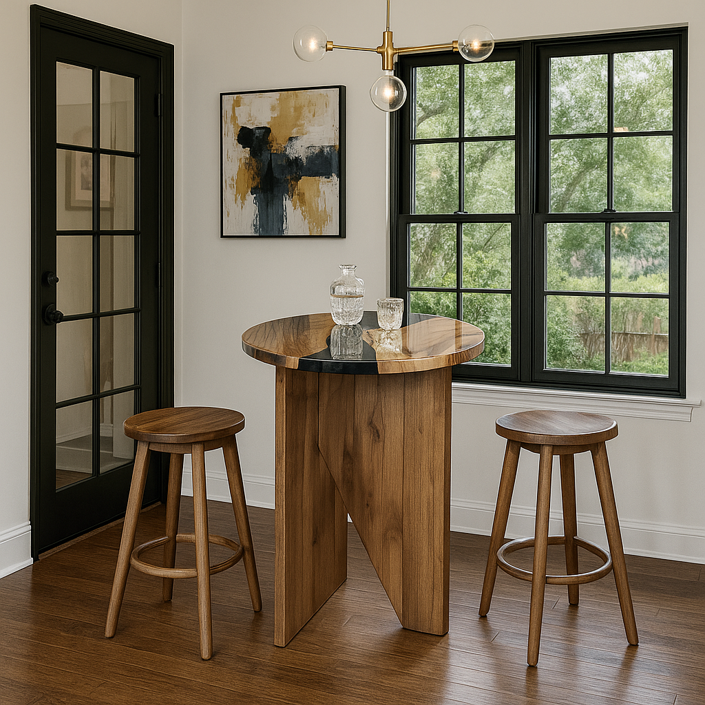 Wooden bar height table with two stools in a room with a large window and abstract art on the wall.