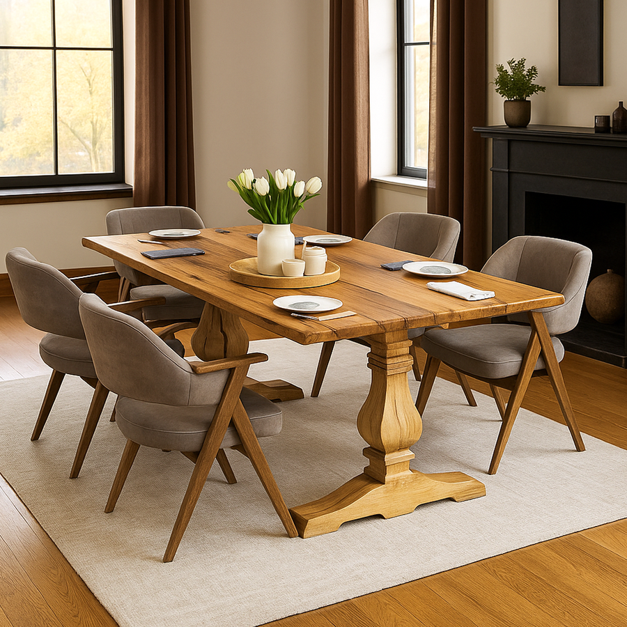Trestle solid oak French country dining table with a turned pedestal base and upholstered armchairs