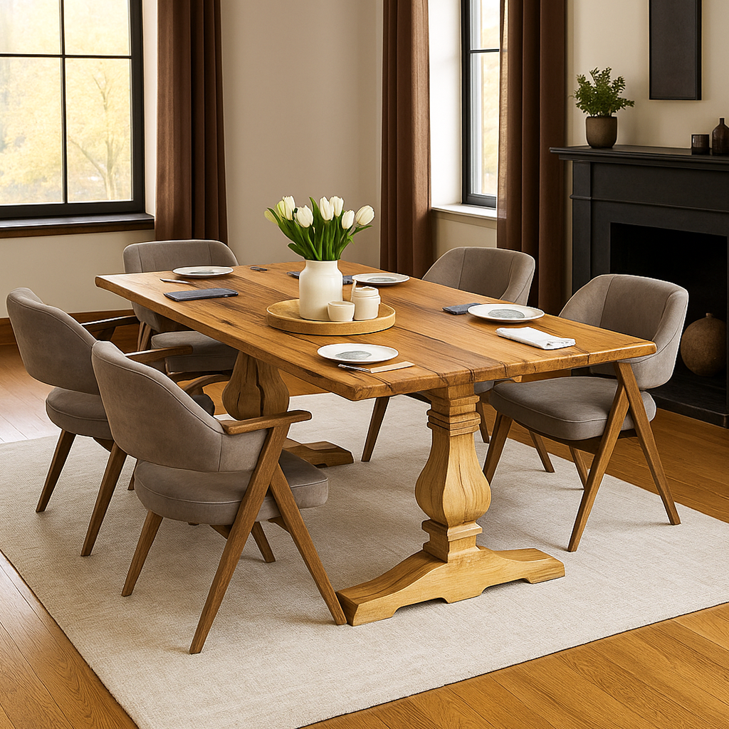 Trestle solid oak French country dining table with a turned pedestal base and upholstered armchairs