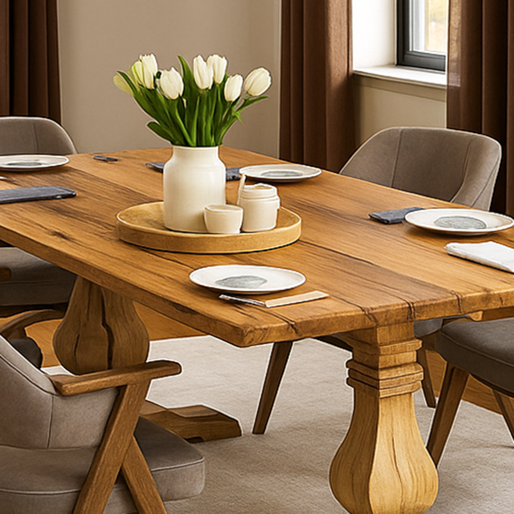 Dining table set with chairs, plates, and a vase of white tulips in a room.
