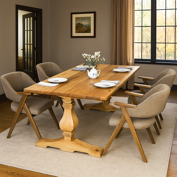 Dining room with wooden table and chairs, set for a meal.