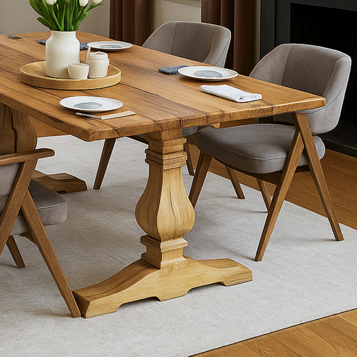 Wooden dining table with chairs in a room setting