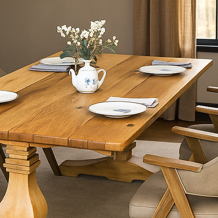 Wooden dining table set with plates, teapot, and flowers in a home setting.