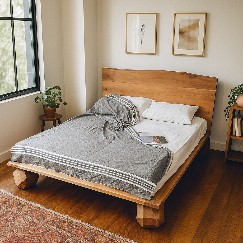 Wooden bed with gray bedding in a bedroom setting