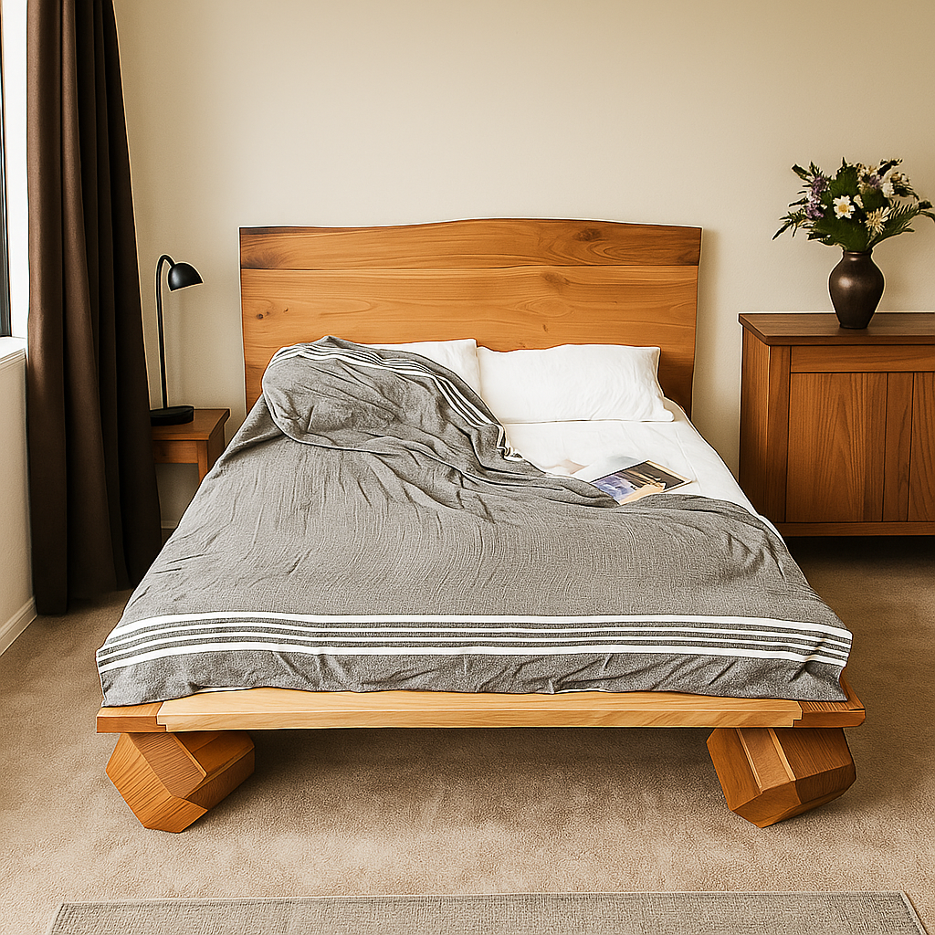 Front view of the walnut platform bed frame with a live edge headboard, a gray striped blanket and a nightstand