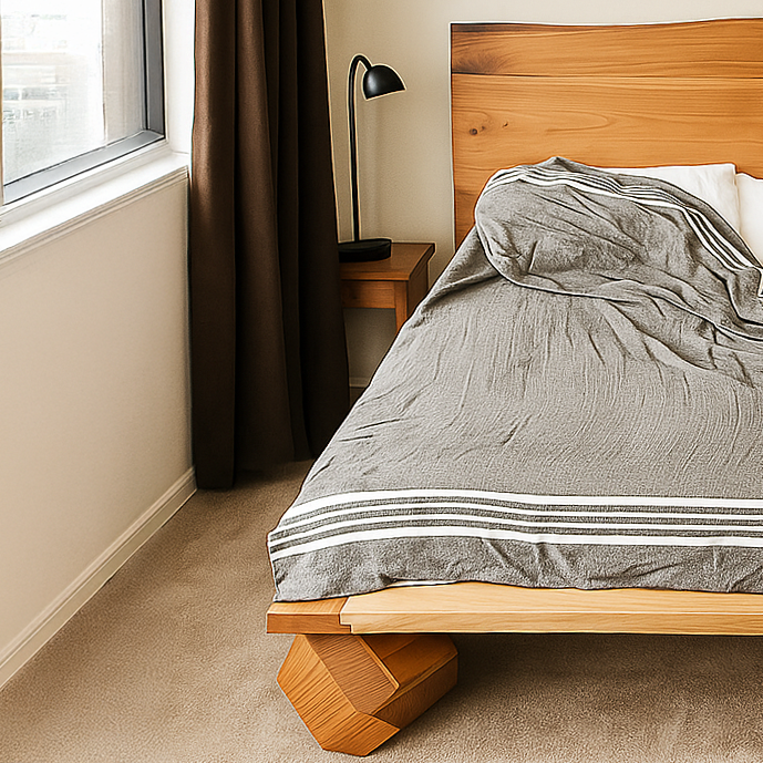 Bedroom with wooden bed frame, gray bedding, and lamp on nightstand.