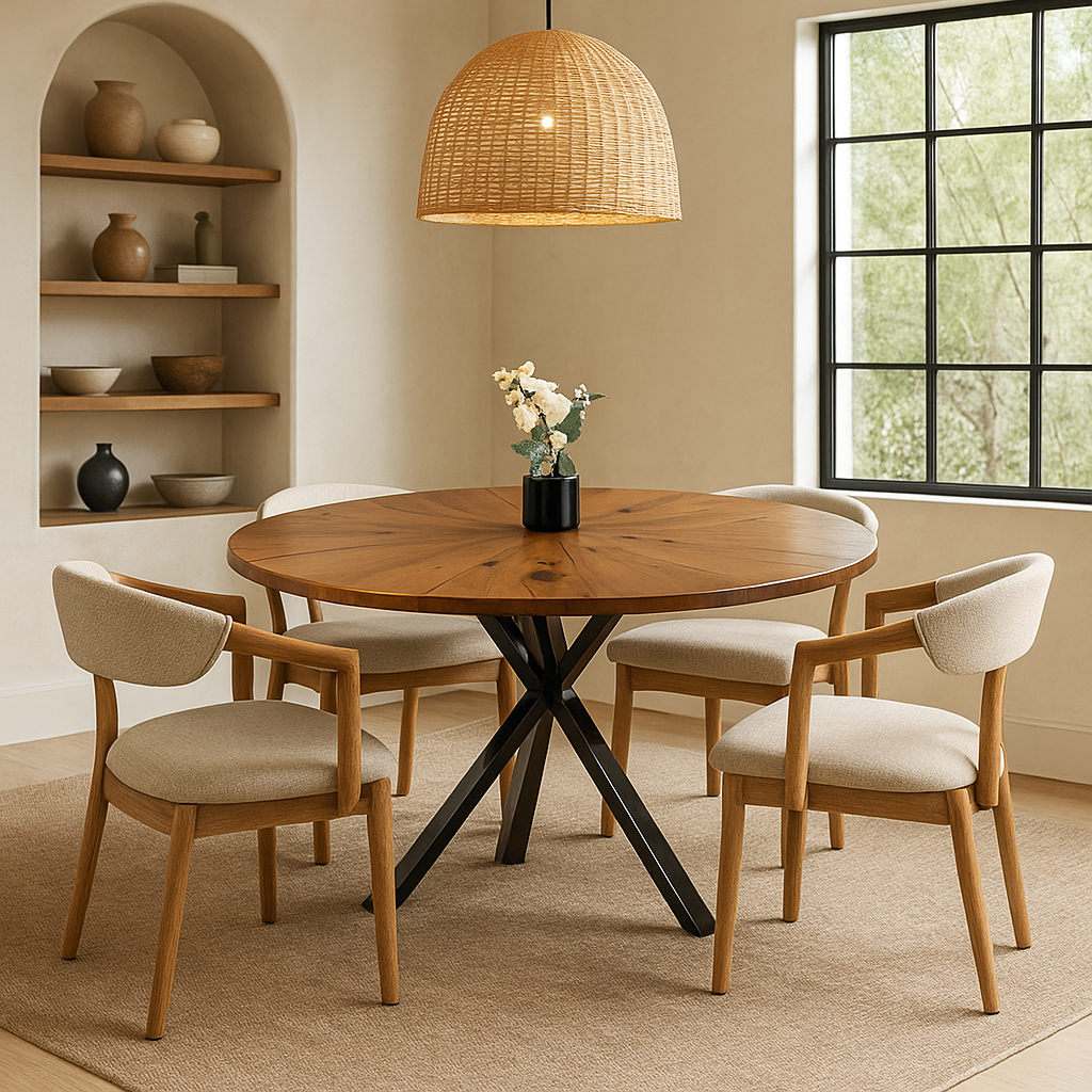 Dining room with wooden table and chairs near a window