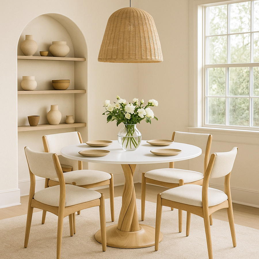 Orbit round dining table with a white top and twisted linden wood base, set for four in a bright room