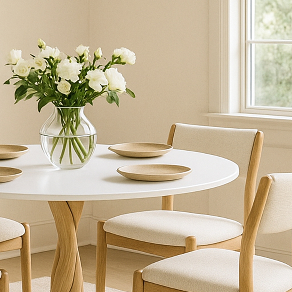 Contemporary Round Dining Table - Linden Wood Legs Modern Round Kitchen Table