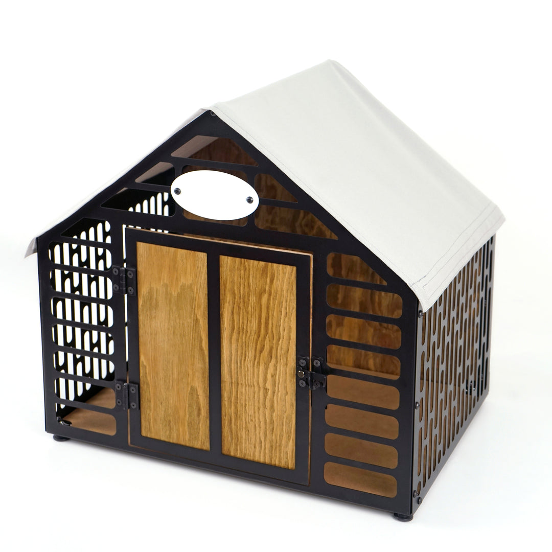 Black/Brown Pentagon Rustic Wood and Metal Dog House - UPP Home Store