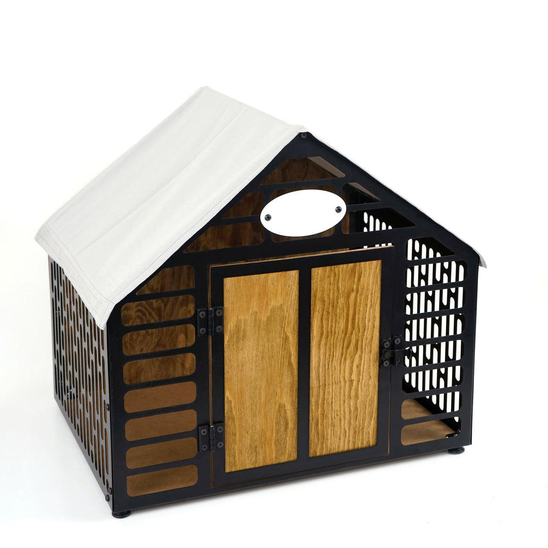 Black/Brown Pentagon Rustic Wood and Metal Dog House - UPP Home Store