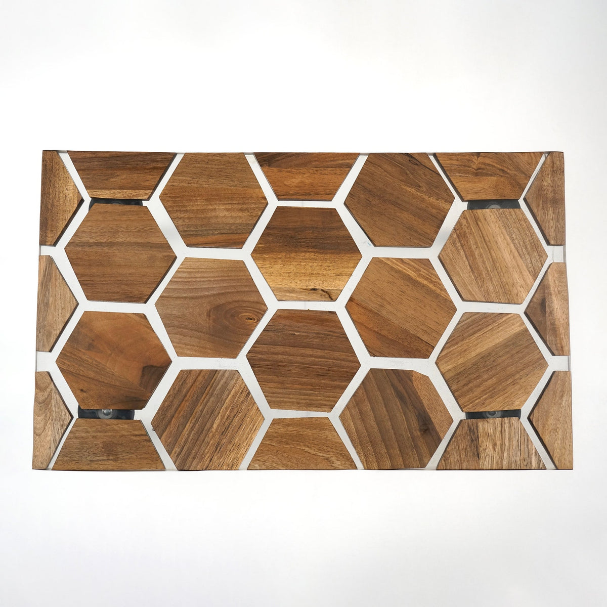 Top view of the walnut epoxy coffee table showing the honeycomb pattern of hexagonal wood pieces