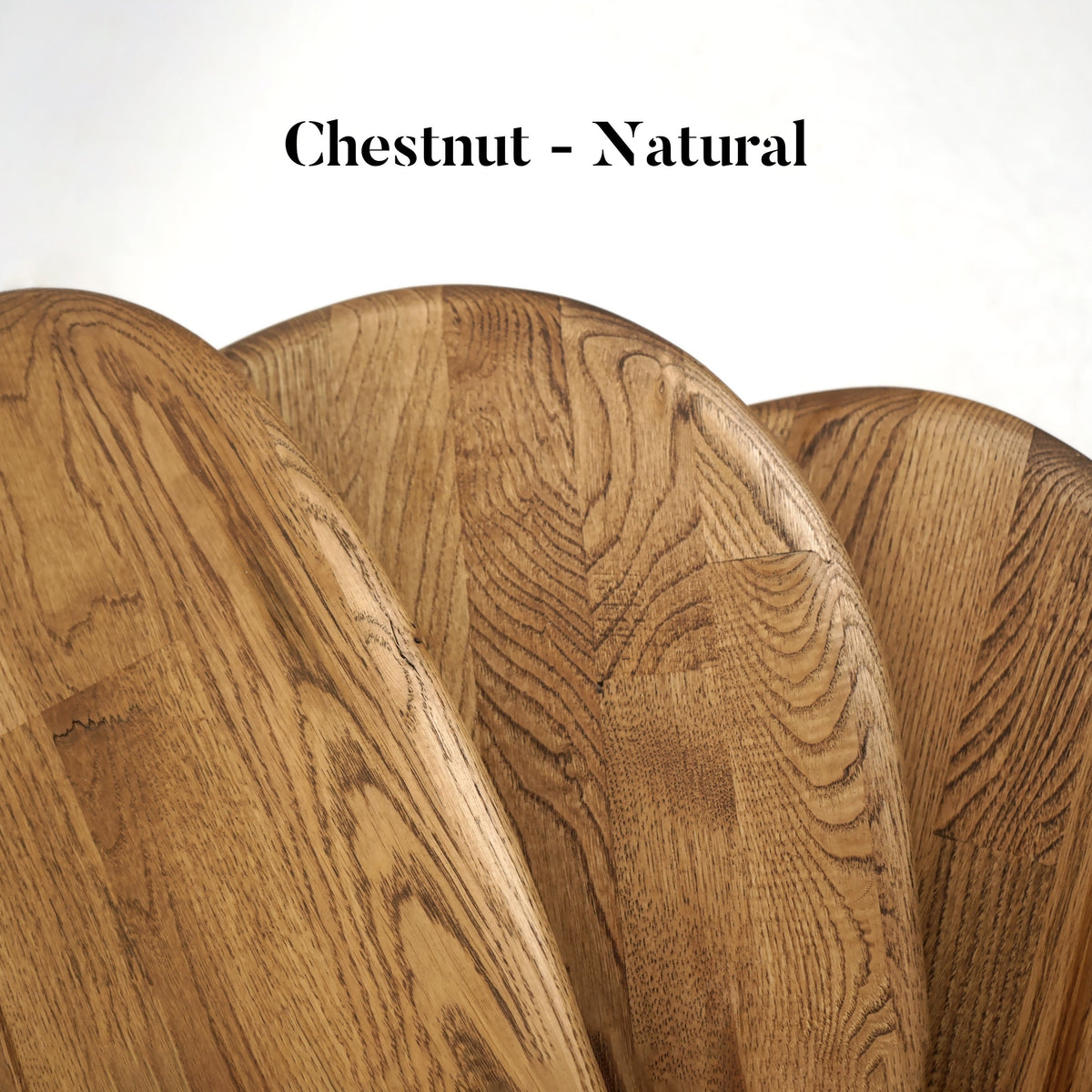Close-up of the Natural-Chestnut finish on the nesting table tops, with the color label